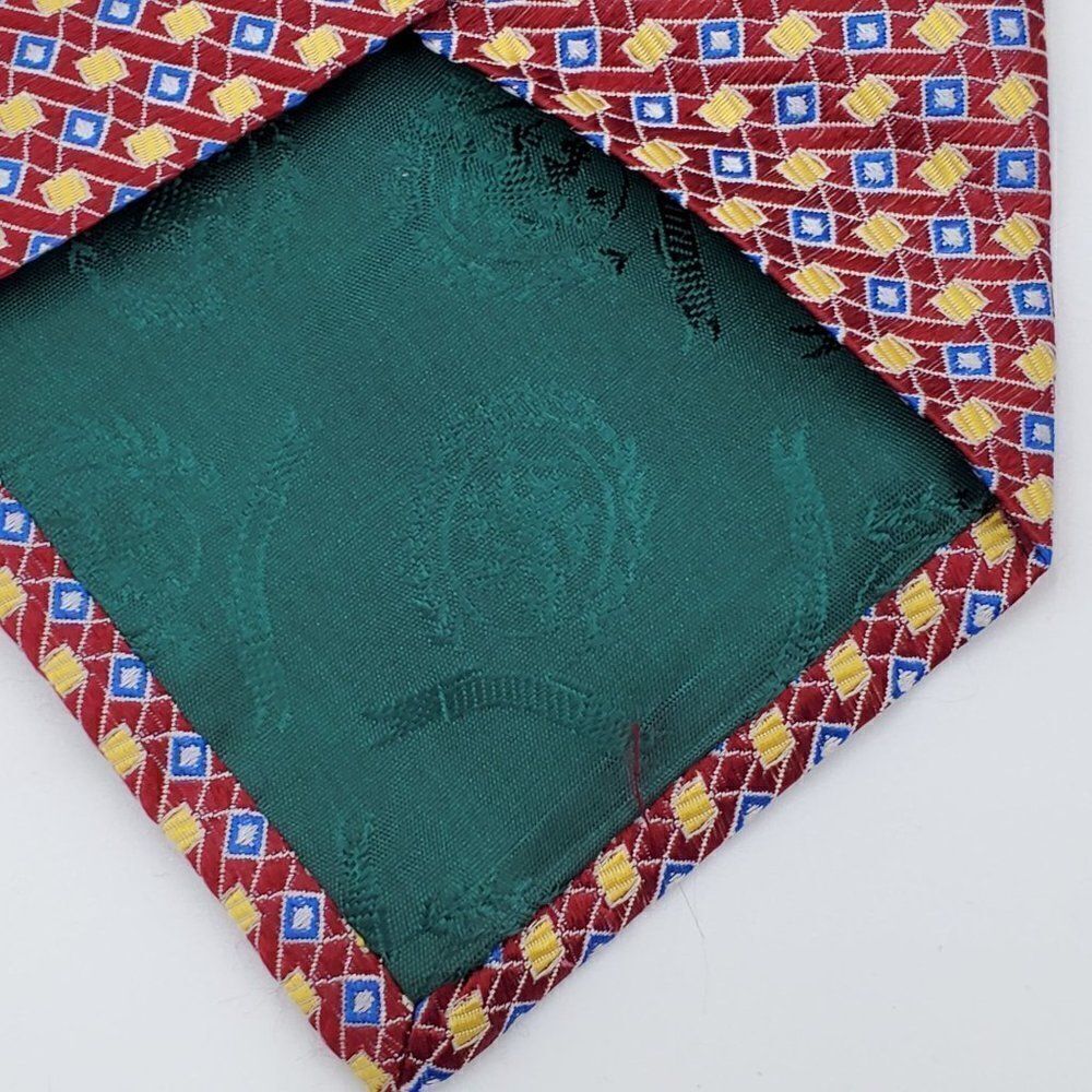 Tommy Hilfiger Tie 100% Silk Men's Red Yellow Geometric 58" - Picture 7 of 8